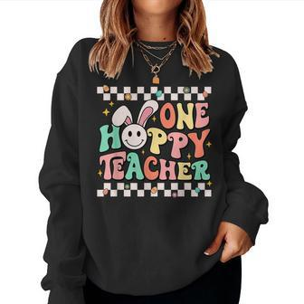 One Hoppy Teacher Bunny Easter Day Groovy Retro Boy Girl Women Sweatshirt | Mazezy