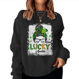 One Lucky Auntie Messy Bun Shamrock St Patricks Day Women Crewneck Graphic Sweatshirt - Thegiftio