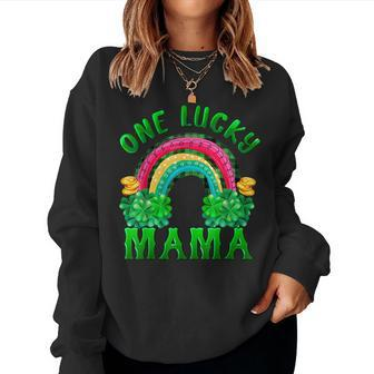 One Lucky Mama Buffalo Plaid Shamrock Rainbow St Patrick Day Women Crewneck Graphic Sweatshirt - Seseable