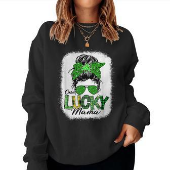 One Lucky Mama Messy Bun St Patricks Irish Shamrock Women Women Crewneck Graphic Sweatshirt | Seseable UK
