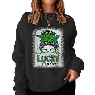 One Lucky Mama St Patricks Day Messy Bun Leopard Bandana Women Sweatshirt | Mazezy
