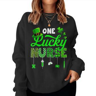 One Lucky Nurse St Patricks Day Shamrock Leopard Plaid Women Crewneck Graphic Sweatshirt - Seseable