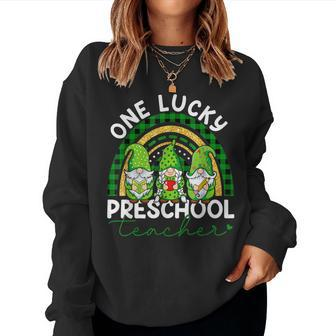 One Lucky Preschool Teacher Gnomes St Patricks Rainbow Women Crewneck Graphic Sweatshirt - Seseable