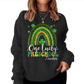 One Lucky Preschool Teacher Rainbow Shamrock Patricks Day Women Crewneck Graphic Sweatshirt - Seseable