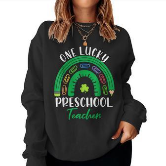 One Lucky Preschool Teacher St Patricks Day Teacher Rainbow Women Crewneck Graphic Sweatshirt - Seseable