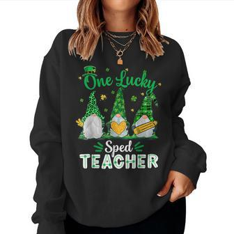 One Lucky Sped Teacher Gnome Shamrock St Patricks Day Women Crewneck Graphic Sweatshirt - Seseable