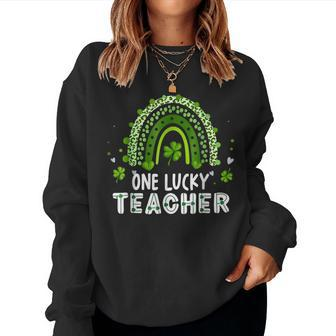 One Lucky Teacher Leopard Rainbow Lucky St Patricks Day Women Crewneck Graphic Sweatshirt - Seseable