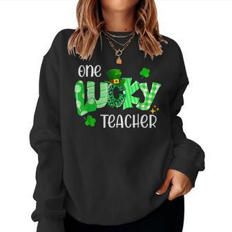 One Lucky Teacher Shamrock Clover Leopard St Patricks Day Women Crewneck Graphic Sweatshirt | Seseable UK