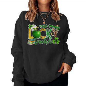 One Lucky Teacher Shamrock Clover Leopard St Patricks Day Women Crewneck Graphic Sweatshirt - Seseable