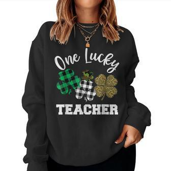 One Lucky Teacher Shamrock Leopard Plaid St Patricks Day Women Crewneck Graphic Sweatshirt - Thegiftio