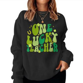 One Lucky Teacher Shamrock St Patricks Day Retro Groovy Women Crewneck Graphic Sweatshirt - Seseable
