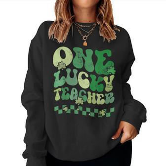 One Lucky Teacher St Patricks Day Retro Vintage Women Crewneck Graphic Sweatshirt - Seseable