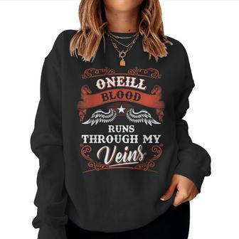 Oneill Blood Runs Through My Veins Family Christmas Women Crewneck Graphic Sweatshirt - Seseable