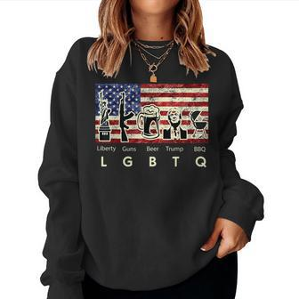 Parody Trump Lgbtq Liberty Guns Beer Bbq American Usa Flag Women Sweatshirt | Mazezy