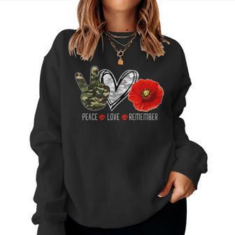 Peace Love Remember Red Poppy Flower Veteran Soldier Army Women Crewneck Graphic Sweatshirt - Seseable