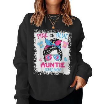 Pink Or Blue Auntie Loves You Proud Messy Bun Baby Reveal Women Crewneck Graphic Sweatshirt - Thegiftio UK
