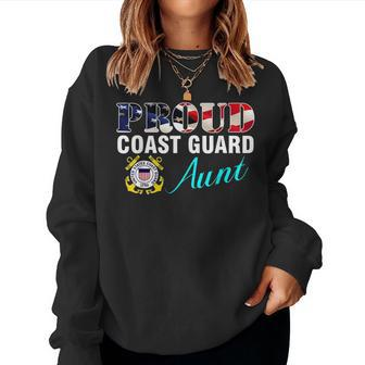 Proud Coast Guard Aunt With American Flag Military Veteran Women Crewneck Graphic Sweatshirt - Seseable
