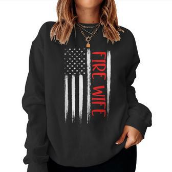 Proud Fire Wife Thin Red Line American Flag Firefighter Gift Women Crewneck Graphic Sweatshirt - Seseable