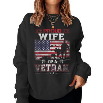Proud Wife Of A Veteran Vintage Flag Military Veterans Day Women Crewneck Graphic Sweatshirt - Seseable
