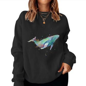 Rainbow Watercolor Whale Humpback Blue Whale Women Crewneck Graphic Sweatshirt - Seseable
