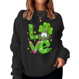 Retro Cute Irish Gnome Love Teacher Shamrock St Patricks Day V2 Women Crewneck Graphic Sweatshirt - Seseable