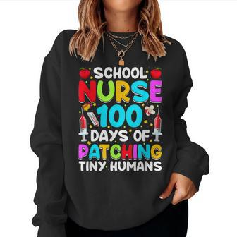 Retro Funny 100 Days Of Patching Tiny Humans School Nurse Rn Women Crewneck Graphic Sweatshirt - Seseable