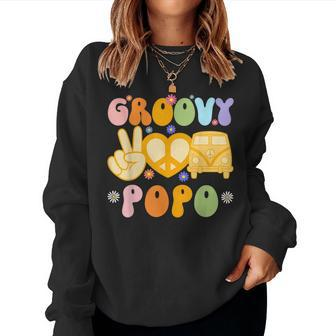 Retro Groovy Popo Grandpa Peace Sign Daisy Flower Father Day Women Crewneck Graphic Sweatshirt - Seseable