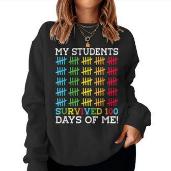 Retro My Students Survived 100 Days Of Me Funny Teacher Women Crewneck Graphic Sweatshirt - Seseable