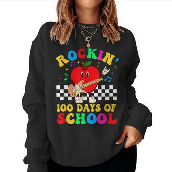 Retro Rockin 100 Days Of School Guitar Music Teacher Women Crewneck Graphic Sweatshirt - Seseable