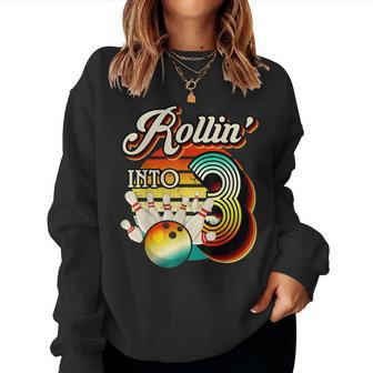Rollin Into Bowling 3 Year Old Retro Birthday 3Rd Bday Party Women Crewneck Graphic Sweatshirt - Seseable