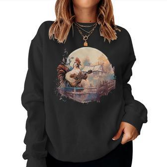 Rooster Playing Guitar Cottagecore Aesthetic Chicken Women Sweatshirt | Mazezy