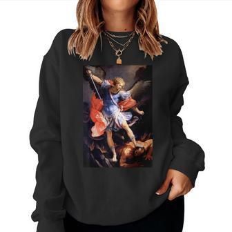 Saint Michael Archangel Defeats The Devil Christian Goth Women Crewneck Graphic Sweatshirt - Seseable