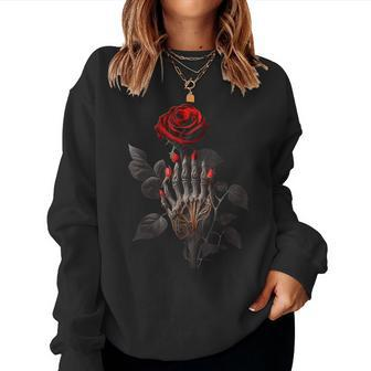 Skeleton Hand Red Rose Flower Graphic Men Women Women Sweatshirt | Mazezy