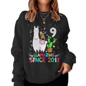 Sloth Riding Llama 9Th Birthday Kids Since 2011 9 Yrs Old Women Crewneck Graphic Sweatshirt - Seseable