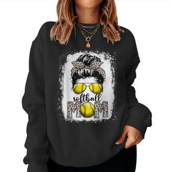 Softball Mom For Women Bleached Leopard Messy Bun Women Crewneck Graphic Sweatshirt - Thegiftio UK