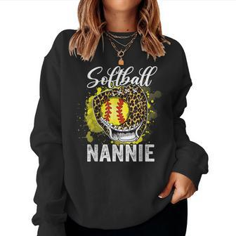 Softball Nannie Leopard Glove Game Day Mothers Day Women Crewneck Graphic Sweatshirt - Seseable