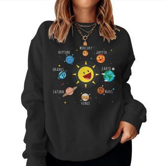Solar System Cute Face Planets Space Science Teacher School Women Sweatshirt | Mazezy