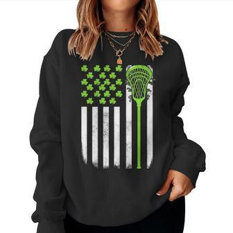 St Patricks Day Lacrosse Lax Usa Flag Women Irish Shamrock Women Crewneck Graphic Sweatshirt | Seseable UK