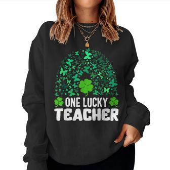 St Patricks Day One Lucky Teacher Butterfly Irish Teacher Women Crewneck Graphic Sweatshirt - Seseable