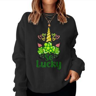 St Patricks Day So Lucky Shamrocks Unicorn Face Girl Women Women Crewneck Graphic Sweatshirt - Seseable