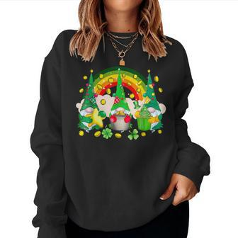 St Patricks Day Three Gnomes Holding Shamrock Gnome Rainbow Women Crewneck Graphic Sweatshirt - Thegiftio