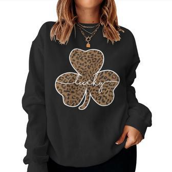 Womens St Pattys Day For Her Teen Girls Leopard Shamrock Women Sweatshirt | Mazezy