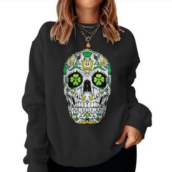 Sugar Skull St Patricks Day Of The Dead Women Shamrock Gifts Women Crewneck Graphic Sweatshirt - Thegiftio