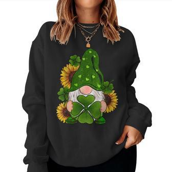 Sunflower Gnome Shamrocks Irish Love St Patricks Day Lucky Women Crewneck Graphic Sweatshirt - Seseable