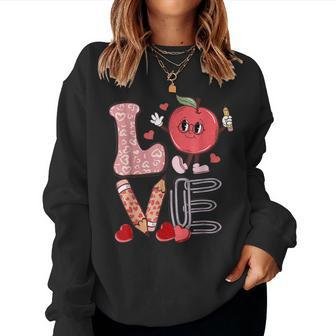 Teacher Love Retro Groovy Teachers Valentines Day Women Crewneck Graphic Sweatshirt - Seseable