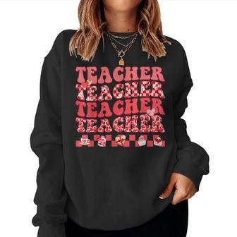 Teacher Valentines Day Hippie Sweet Heart Teacher Womens Women Crewneck Graphic Sweatshirt - Seseable