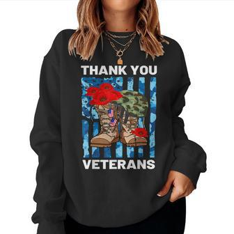 Thank You Veterans Combat Boots Poppy Flower Veteran Day V2 Women Crewneck Graphic Sweatshirt - Seseable