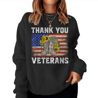 Thank You Veterans Combat Boots Sunflower Veteran Day Women Crewneck Graphic Sweatshirt - Seseable