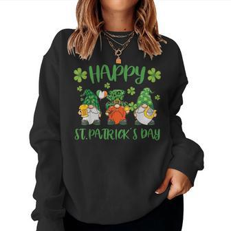 Three Lucky Gnome Shamrock Irish Beer St Patricks Day Women Crewneck Graphic Sweatshirt - Seseable