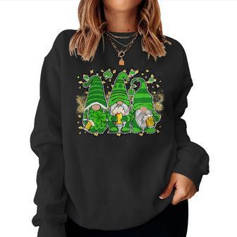 Three Lucky Gnome Shamrock Irish Beer St Patricks Day Women Crewneck Graphic Sweatshirt - Seseable